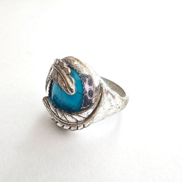 Silver Tone Turquoise Simulant Statement Ring Size 8.5 Southwestern Style Boho - Picture 3 of 6